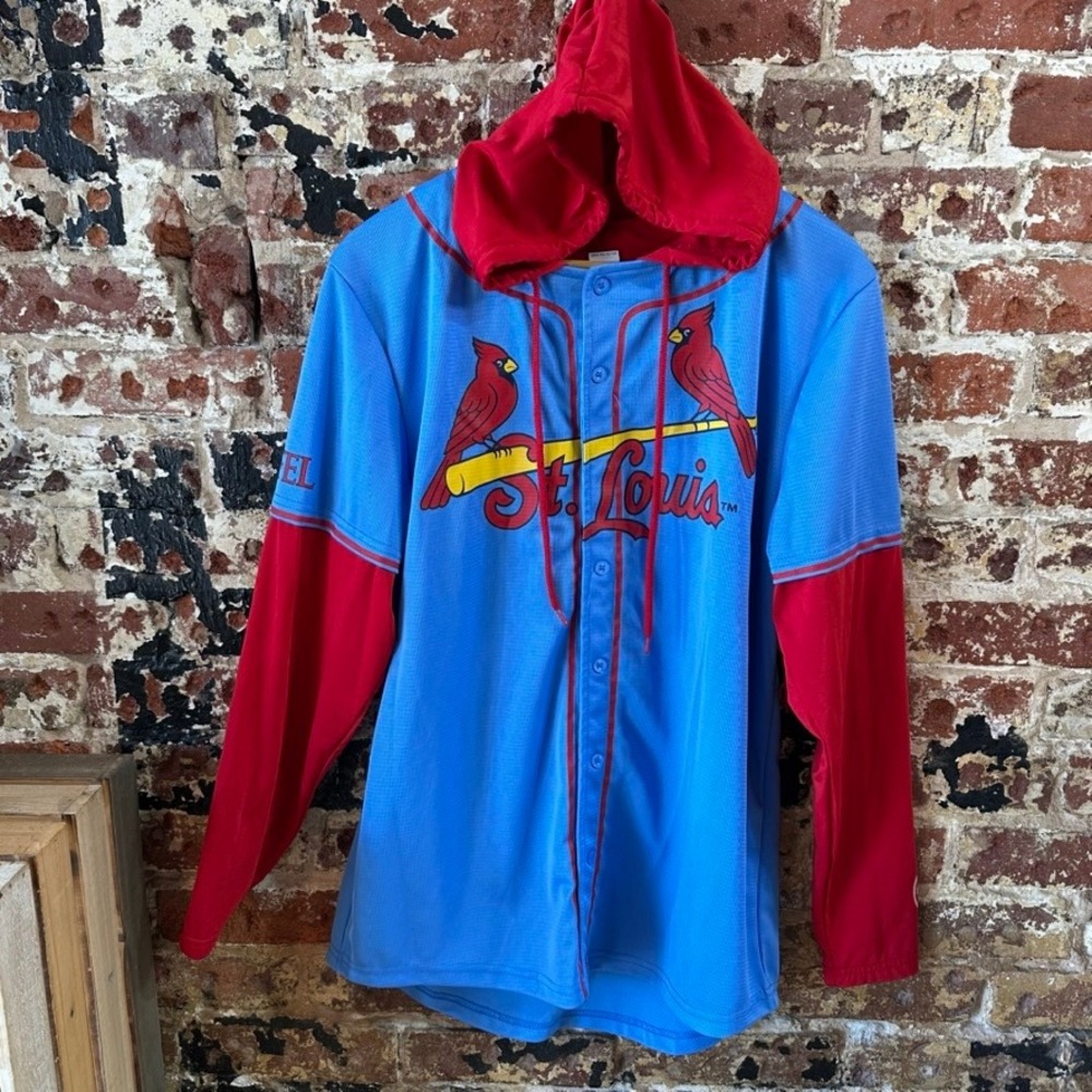 St. Louis Cardinals Jersey Mens Medium MLB Baseball Blue Hooded Sponsor Shirt
